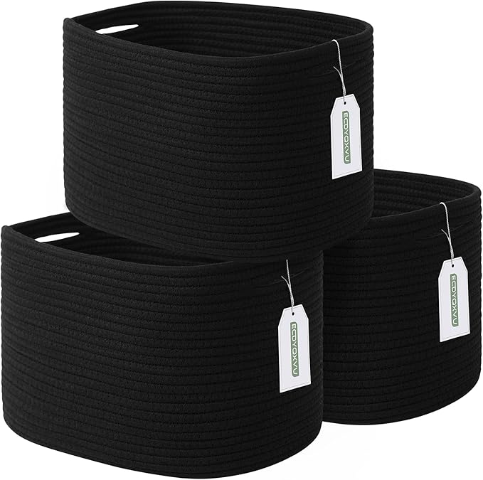 Cotton Rope Storage Basket, 15x10x9 Inches, Woven Basket for Shelves, Clothes, Towels, Books, and Laundry, Black (3 Pack)