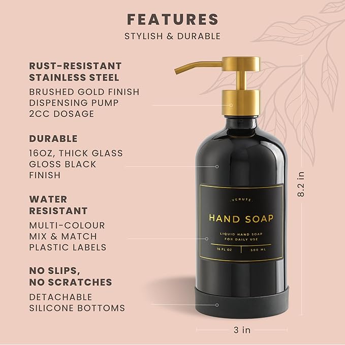 Hand and Dish Soap Dispenser for Kitchen and Bathroom, Set of 2 16 Oz Glass Bottles, Stainless Steel Pumps, Non-Slip Silicone Base, 27 Waterproof Labels (Gloss Black Bottle/Brushed Gold Pump)