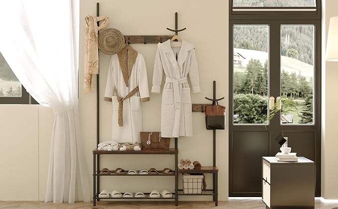 CharaVector Hall Tree Coat Rack Shoe Bench, Industrial Design, 3-in-1, Rustic Brown