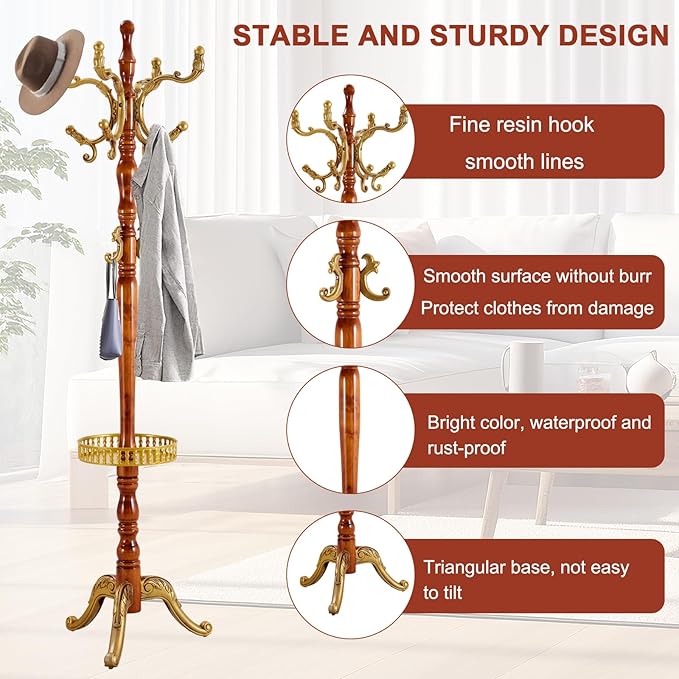 Wooden Coat rack freestanding, Coat racks stand with storage basket, Heavy duty coat tree standing with 11 Hook for Bedroom, Entryway, Hallway, Office,Stury Base (Triangle Begonia)