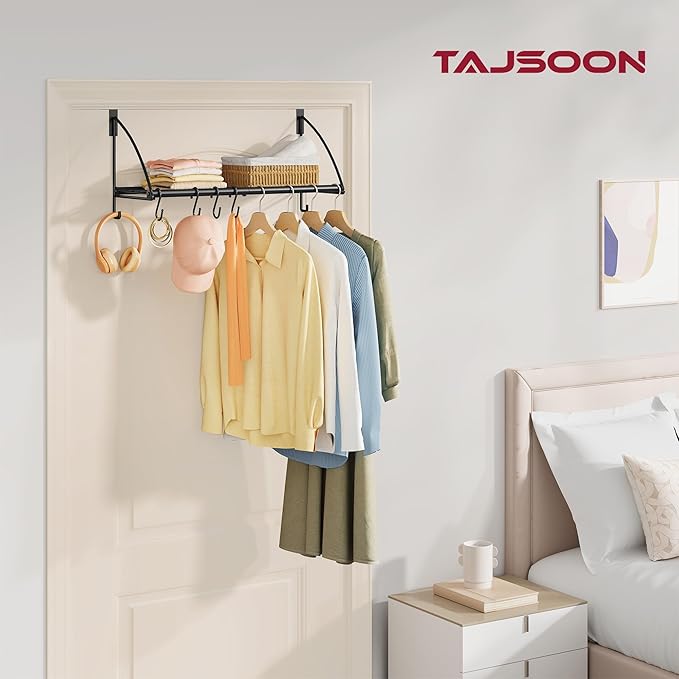 Tajsoon Over The Door Hanger with Storage Rack and 6 Hooks, Over The Door Hanger for Clothes, Door Clothes Hanger for Bathroom, Bedroom, Living Room, Black