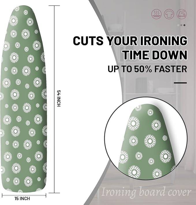 Extra Thick Ironing Board Cover and Pad, 15x54 Ironing Board Cover, Resist Scorching and Staining,Elastic Edges,Floral Green White