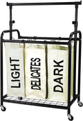 Oceanstar 3-Bag Rolling Laundry Sorter with Adjustable Hanging Bar, White