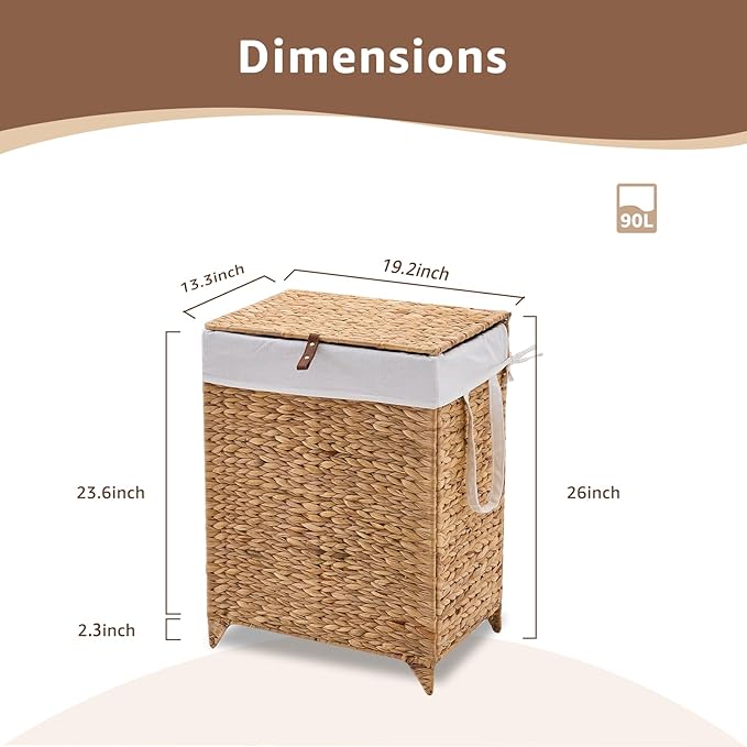 Handwoven Laundry Hamper with Lid, Natural Hyacinth Heightened Feet Laundry Basket, Wicker Clothes Hamper with Removable Liner Bag (Natural-A, 90L)