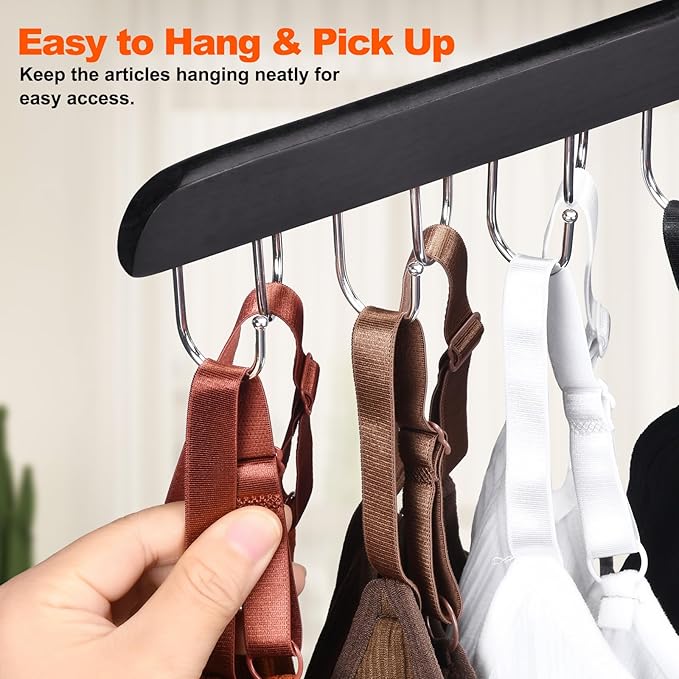 2 Pack Bra Hanger, Wooden Tank Top Hangers with 14 Foldable Hooks, Bra Hanger for Closet Organizer，Premium Wooden Space Saving Hangers Closet Organizers and Storage for Dorm & Apartment (Black)