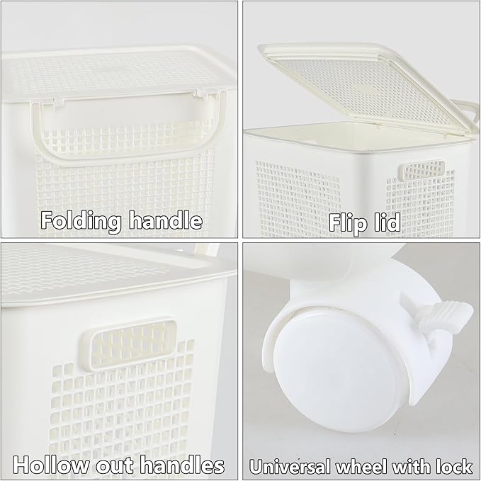 4 Packs 65 L Laundry Hamper with Lockable Wheels, 1.8 Bushels Large Plastic Laundry Basket with Lid, White