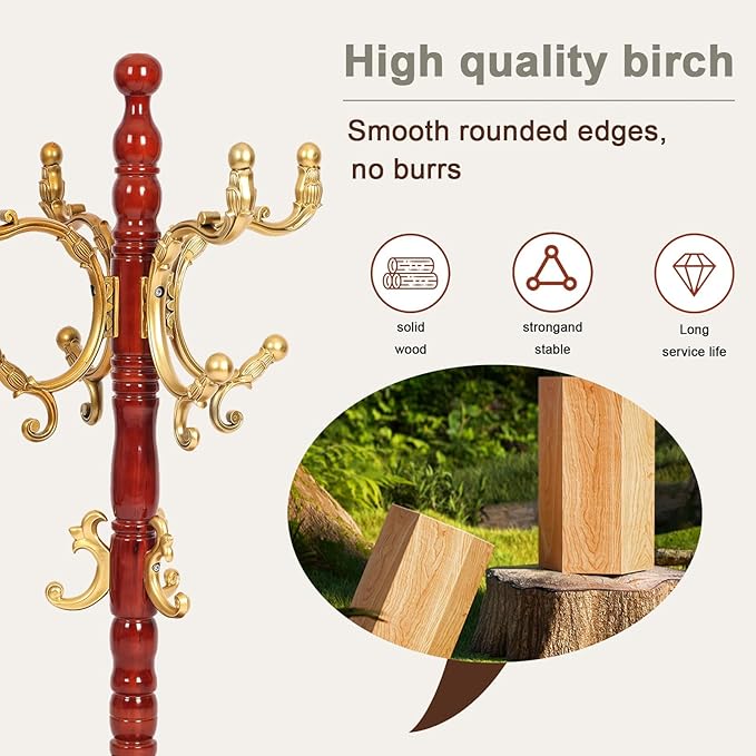 Wooden coat rack stand, Heavy duty coat racks tree freestanding with 14 Hooks and Sturdy Round Base, Coat tree for jacket,Hats, Bags, Purses, clothes (Round base-Begonia wood)