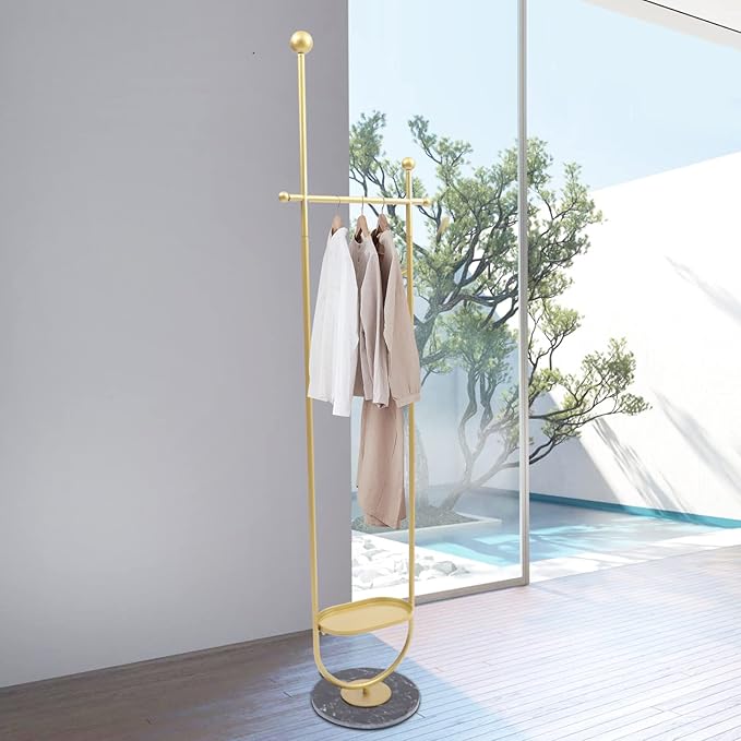 DYRABREST Modern Garment Rack With Clapboard and Clothing Rack With Marble Base Gold Clothing Coat Rack Freestanding for Home Bedroom(Gold Black)