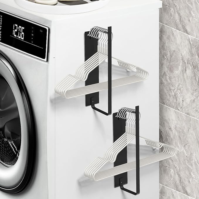 2 Pack Magnetic Hanger Holder for Laundry Room, Space-Saving Hanger Organizer for Washing Machine Dryer, Holding up to 40 Velvet Wire Plastic Hangers (2, Black)