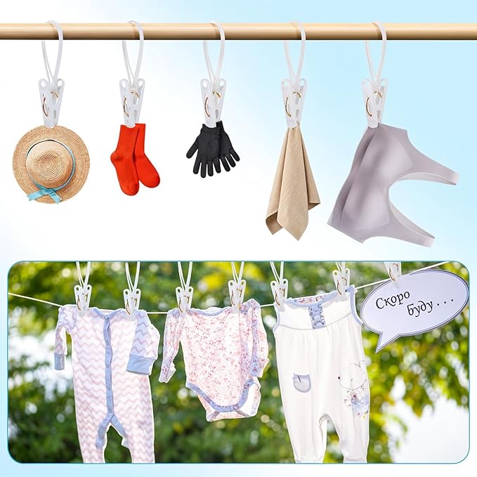 150 Pcs Clothes Pins Clothes Peg Clip Pins with Plastic Rope for Clothesline, Heavy Duty Laundry Hooks Hanging Clips Bulk Windproof Clothes Hanger for Hanging Clothes Socks Pants Bra Underwear Towel