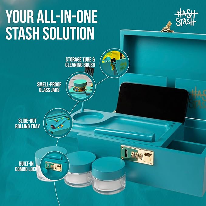 The OG Stash Storage Box - Large Bamboo Box with Combination Lock, Magnetic Lid, Organizer Tray, 3 Jars, Brush and Tube - Decorative Wooden Locked Storage Box with Accessories (Teal/Gold)