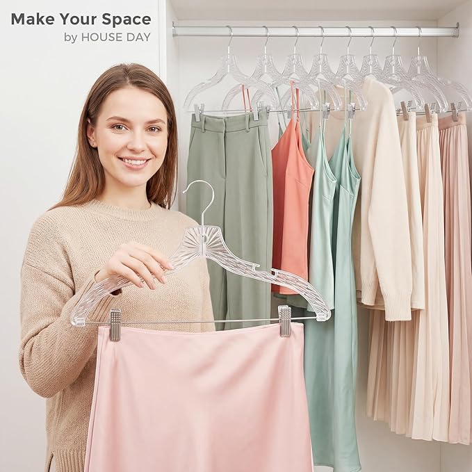 HOUSE DAY Clear Plastic Pants Hangers 25 Pack, Set Hanger for Tops and Bottoms, Non Slip Skirt Hangers with Adjustable Clips, Shoulder Notches, 360° Swivel Hook