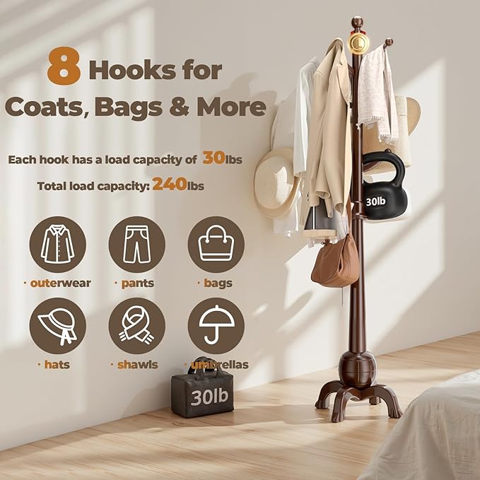 Wood Coat Rack Freestanding, Solid Wooden Hall Tree with 8 Hooks, Coat Tree Freestanding Heavy Duty with Stable Base, Entryway Hallway Bedroom Office Use, 240lbs Load Capacity H:71.6in (Walnut)
