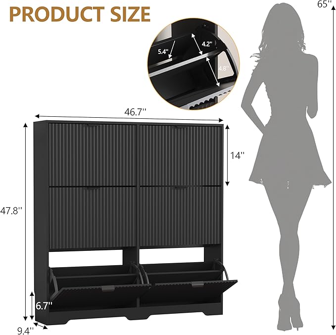 Shoe Cabinet Storage for Entryway with 6 Flip Drawers, Black Fluted Shoe Cabinet with Adjustable Shelves, Wooden Hidden Shoe Rack Freestanding Narrow Slim Shoes Storage for Hallway, Entrance