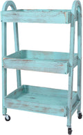 3-Tier Wooden Rolling Cart- Wooden Utility Cart wit Wheels- Utility Rolling Cart-Storage Trolley Organizer- Rolling Kitchen Serving Cart for Office,Kitchen, Kids' Room (Retro Blue)