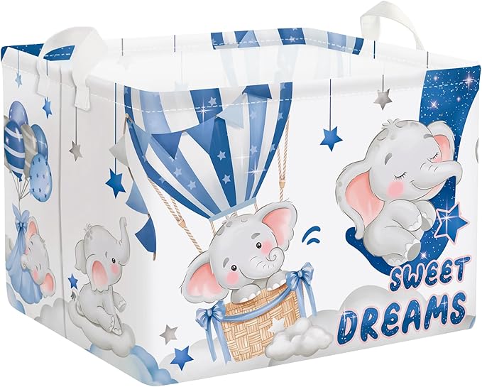 Sleeping Animals Baby Laundry Hamper Collapsible Clothes Kids Storage Basket Large Boys Girls Gift Toy Box Bin for Nursery, Elephant, 36L