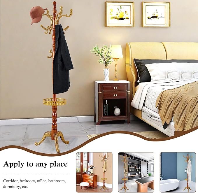 Coat Rack Stand, Solid Wooden Coat Tree with 14 Hooks, Heavy Duty Coat Rack Freestanding with Sturdy triangle Base, Natural Birch Wood Coat Hanger Stand for Entryway Bedroom (Begonia H12)