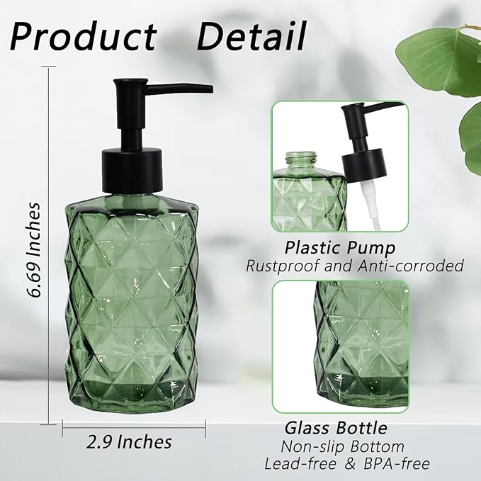 Green Soap Dispenser, 12oz Black Pump Green Glass Soap Dispenser, Refillable Hand Liquid Dispenser Set, Lotion Dish Dispenser for Modern Home Decor, Bathroom, Kitchen Countertop(2 Pack)