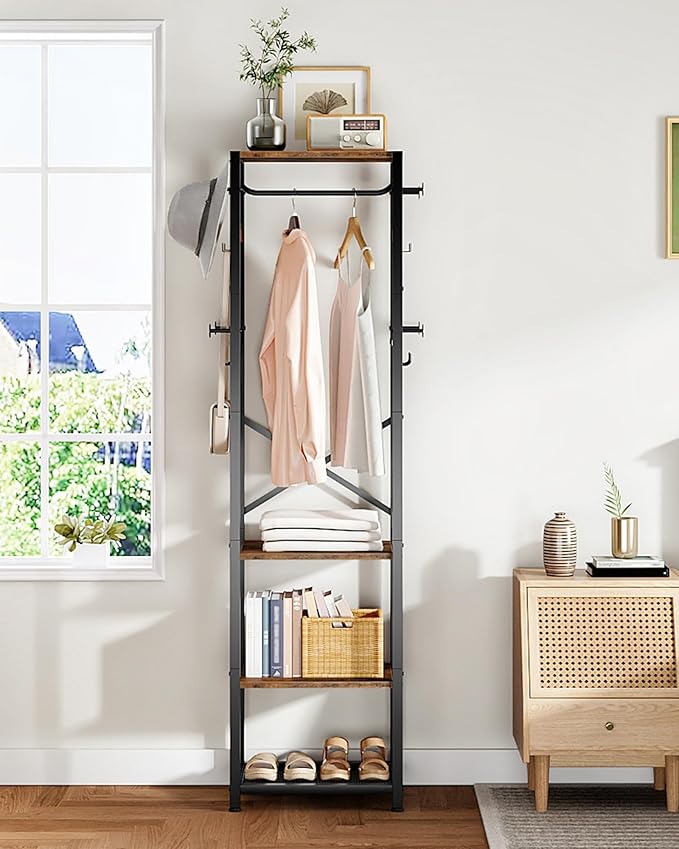 Coat Rack with Shelves, Freestanding Hall Tree, Coat Tree with 16 Hooks and Hanging Rail, Industrial Clothes Stand for Entryway, Hallway, Bedroom, Rustic Brown and Black TYM18BF