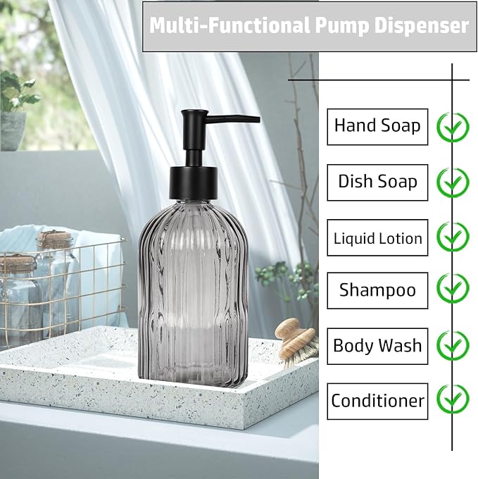 14Oz Black Pump Glass Soap Dispenser, Gray Stripe Countertop Refillable Liquid Bottle Hand Dish Lotion Dispenser with Plastic Pump, for Kitchen, Bathroom