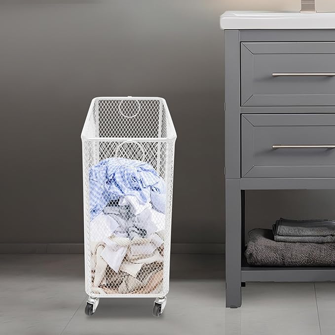 Wire Metal Rolling Laundry Basket On Wheels,Mesh Wire Laundry Basket Storage Cart for Bathroom Bedroom Dirty Clothes Storage (H)