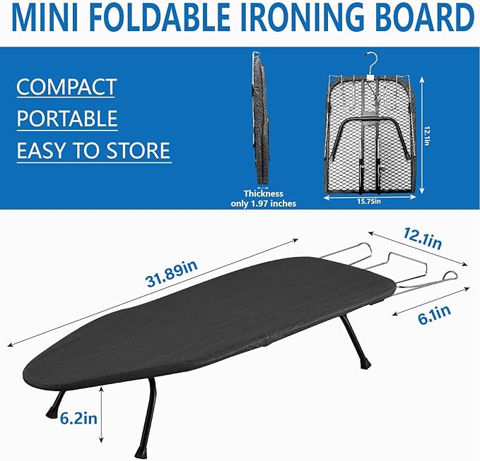 Metal Mesh Panel Tabletop Ironing Board with Iron Rest, Portable Ironing Board Small with Heat Resistant Cotton, Mini Iron Board for Small Space, 31.5x11.8x6.2IN, Black