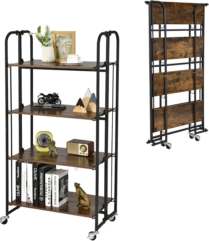 Giantex Foldable Storage Shelves with Wheels, No Assembly 4-Tier Rolling Cart, 2 of The Wheels Have Locks, Microwave Utility Cart Baker Rack, Portable Storage Rack w/Metal Frame, for Kitchen, RV