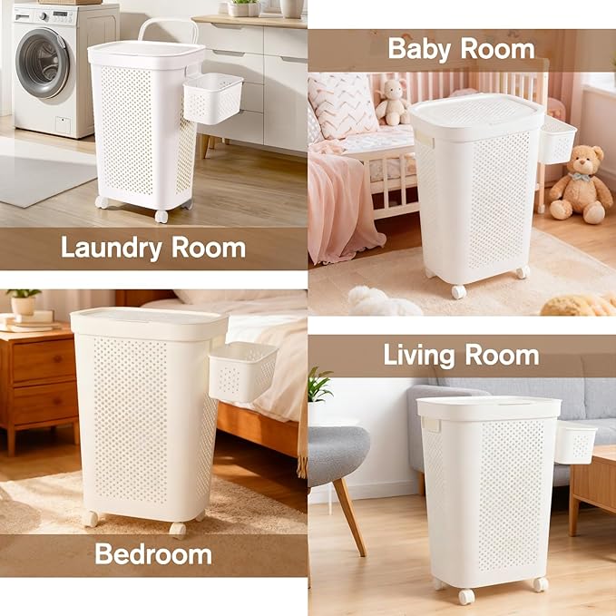 Ultra Wheeled Laundry Hamper with Lid, Suspended basket，Handle and Wheels for Easy Rolling of Clothes to and from The Laundry Room, Plastic（White）
