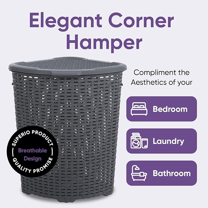 Superio Corner Laundry Hamper Basket With Lid 50 Liter - Grey Wicker Hamper - Durable, Lightweight Bin With Cutout Handles, Storage Dirty Cloths Curved Shape Design Fits Bathroom, Door and Closet