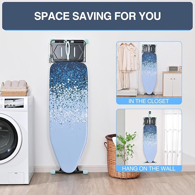 APEXCHASER Ironing Board Full Size with Iron Rest, Metal Panel Iron Board, Heat & Scorch Resistant Cover, Adjustable Height Heavy Duty Ironing Board with Germent Rack, for Home, Dorm, 15x45 Blue