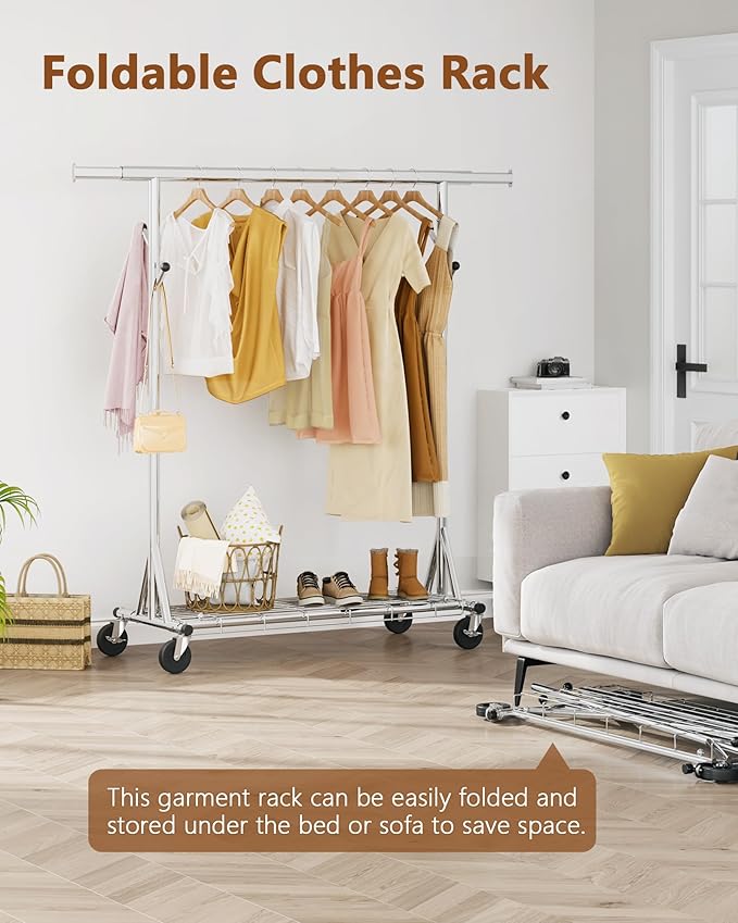 Hoctieon 1-Minute Assembly Clothes Rack, 480 lbs Heavy Duty Rolling Clothing Racks with Wheels, Foldable Garment Rack, Extendable Hanging Bar, Adjustable Metal Pole with Hooks, Chrome