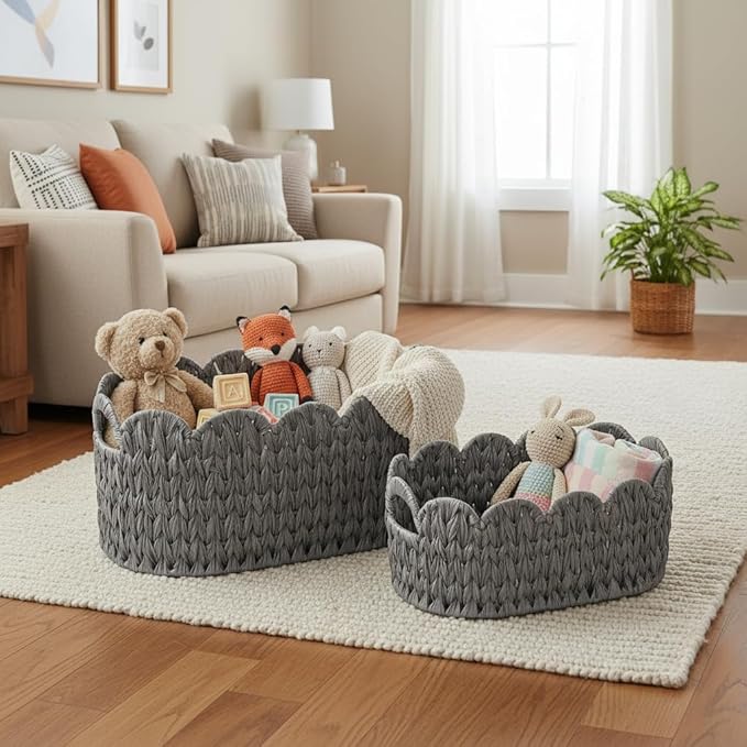 Wicker Scalloped Basket Set of 2,Woven Storage Baskets for Shelves,Closet,Laundry,Gift,Towels,Books,Toys,Waterproof Cute Decor Basket for Organizing,Grey