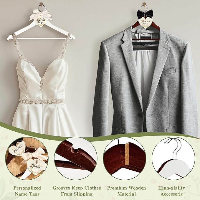 party greeting 2 Pack Wedding Hanger Bride and Groom Hangers with Tags Elegant Wooden Wedding Dress Hanger Wedding Day Gift Bow Tie Bridesmaid Hangers for Bridal Party & Shower (White and Brown)