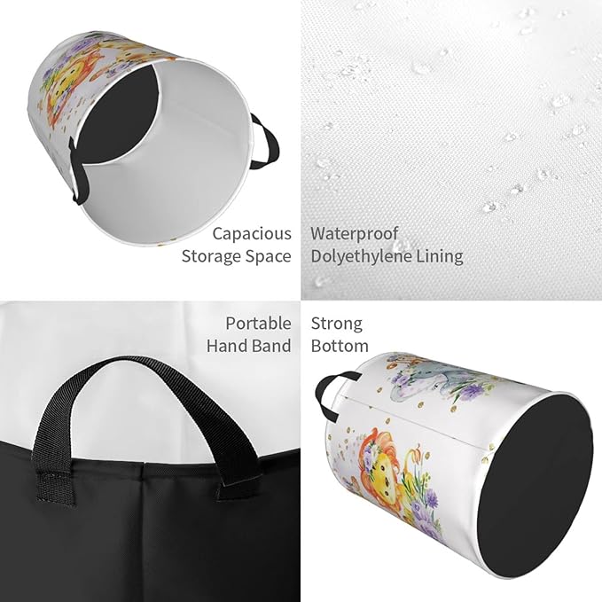 Purple Flower Animals Personalized Laundry Hamper Custom with Name Collapsible Waterproof Storage Basket with Handles for Bedroom Decor Gift.