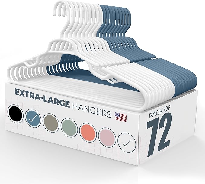 Neaties Large & Wide Heavy Duty Clothes Hangers 50+ Pack (72 Count) – Made in USA – Ideal for Plus Size Clothing – 10lb Plastic Hangers with Notches for Oversized Adult Coats & Pants – White & Blue