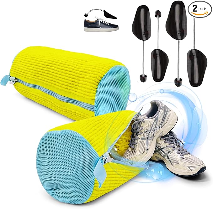Shoe Wash Bags Set (2 Large) with 4 Shoe Trees – Hook-Lock Zipper, 360° Water-Flow Mesh, Reusable, Washer & Dryer Safe