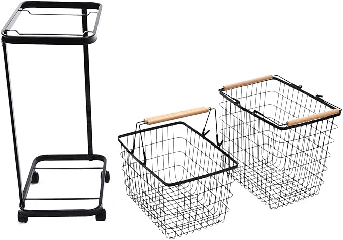 Laundry Basket, 2 Tiers Removable Laundry Baskets Cart Load Bearing Capacity of 88.18 lbs Metal Laundry Basket With 2 Removable Baskets and 4 Universal Wheels for Kitchens Bathrooms Bedrooms (Black)