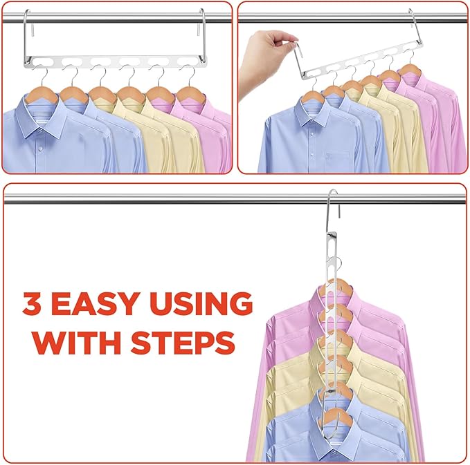12-Pack Metal Hanger Organizer, Foldable Closet Hanger Rack, Sturdy Multiple Hangers in One Space Saver for Heavy Clothes, Closet Organizers, and Dorm Room Essentials.