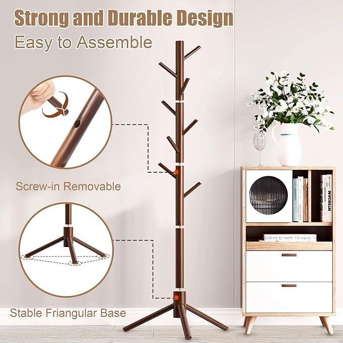 Wooden Coat Rack Stand, Freestanding Coat Rack with 8 Hooks, 3 Adjustable Size Coat Tree for Hats, Coats, Scarves bags, Coat Hanger Stand Used in Bedroom/Office/Entryway,2 PCS (Brown)