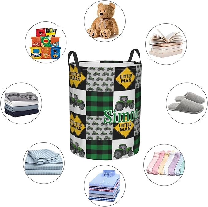 Green Farm Tractor Tractor Personalized Laundry Hamper Custom with Name Collapsible Waterproof Storage Basket with Handles for Bedroom Decor Gift.