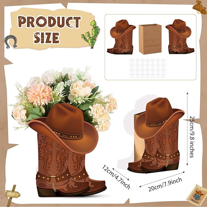 Domensi 8 set Western Cowboy Boots Flower Boxes Centerpiece Boot Shape Box Decorations Western Theme Party Boot Gift for Cowboy Cowgirl Birthday Party Baby Shower Wedding Supplies(Brown,Classic)