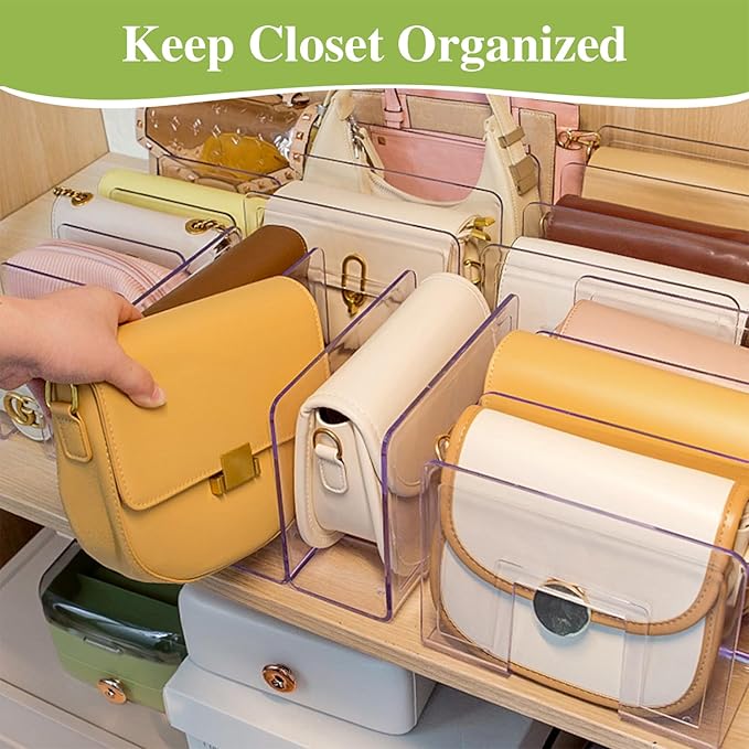 2 Pcs Acrylic Clear Purse Organizer for Closet - 4 Sections Handbag Divider Holder Storage in Bedroom Office (Pink)