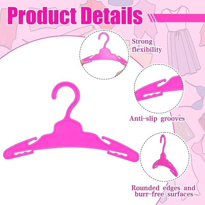Soulchen 100 Pcs Doll Clothes Hangers for 18 Inch Dolls, Plastic Clothes Hangers with Non-Slip Clips, Space-Saving Wardrobe Accessories for Gown Dress Outfit (Rose Red)