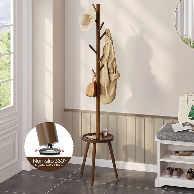 GREENSTELL Coat Rack with 8 Hooks, Wooden Coat Rack Freestanding with Shelf, Coat Tree with 4 Height Options 50.5"-72.6", Coat Hanger Stand for Bags, Clothes, Umbrellas, Hats, in Home, Brown