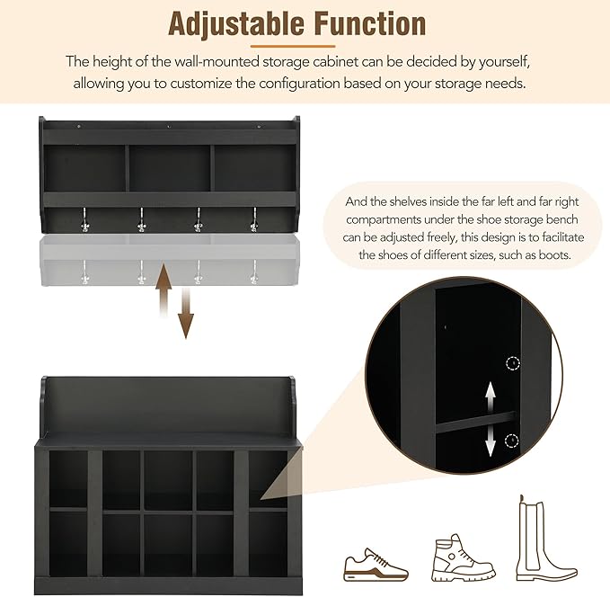 Multi-Functional Hall Tree with Wall Mounted Coat Rack, Shoe Storage Bench with Shelves and 4 Hooks, Entryway Organizer for Hallway, Foyer, Mudroom, Living Room (Black-52s)