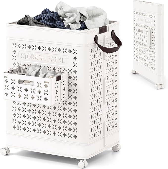 Giantex 75L Collapsible Laundry Baskets with Wheels, Foldable Laundry Basket with Wheels, Handles & Underwear Basket, Large Plastic Laundry Hamper for Bathroom, Bedroom, Dorm