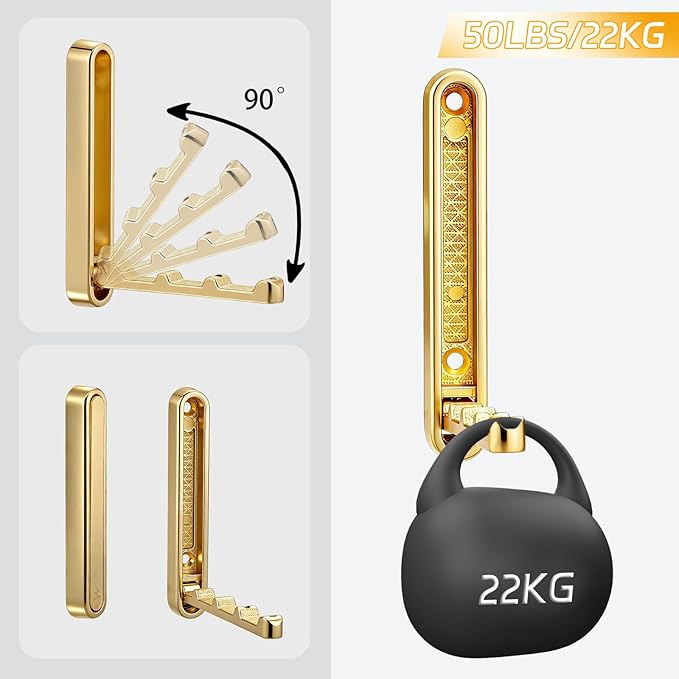 2 Pcs Folding Coat Hooks, 4.33 in Gold Extended Foldable Wall Hooks Heavy Duty Valet RV Hooks Bathroom Towel Hooks Robe Hooks Wall Mounted for Hanging Towels Clothes Coat Hat Bags