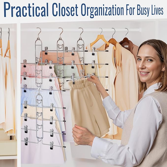 Pants Hangers With Clips, Newly Upgraded Detachable Space Saving Hangers for Skirts, Shorts & Trousers with Non slip clip,Heavy Duty Skirt Hangers - Hanging Closet Organizer And Storage,Patent Pending