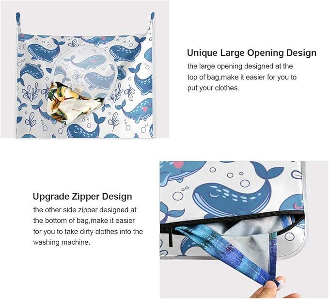 Hanging Laundry Hamper Over Door with Stainless Steel Hooks Dirty Clothes Hamper Bag 29.5X20inch 2PCS Cute Whale