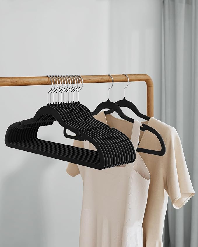 SONGMICS Velvet Hangers 60 Pack, Non-Slip Clothes Hangers with Shoulder Notches, Pants Bar, 360° Swivel Hook, Space-Saving, for Closet, Ink Black UCRF030B01